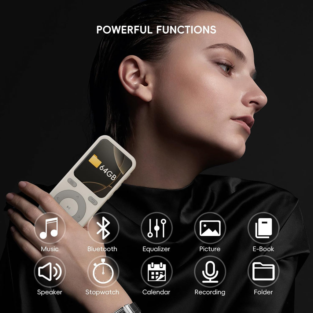 64GB MP3 Player with Bluetooth,Portable HiFi Lossless Sound Bluetooth MP3 Player with Speaker,Voice Recorder,Shuffle for Sport,Hiking,Running,Micro SD Card up to 128GB
