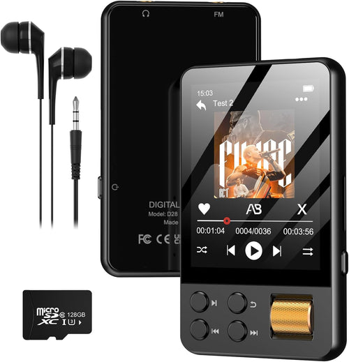 128GB MP3 Player Bluetooth with Headphones, MP3 Player Children with 2.4 Inch Touch Screen, MP4 Player Audible Con Music, FM Radio, Voice Recorder, E-Book Reader
