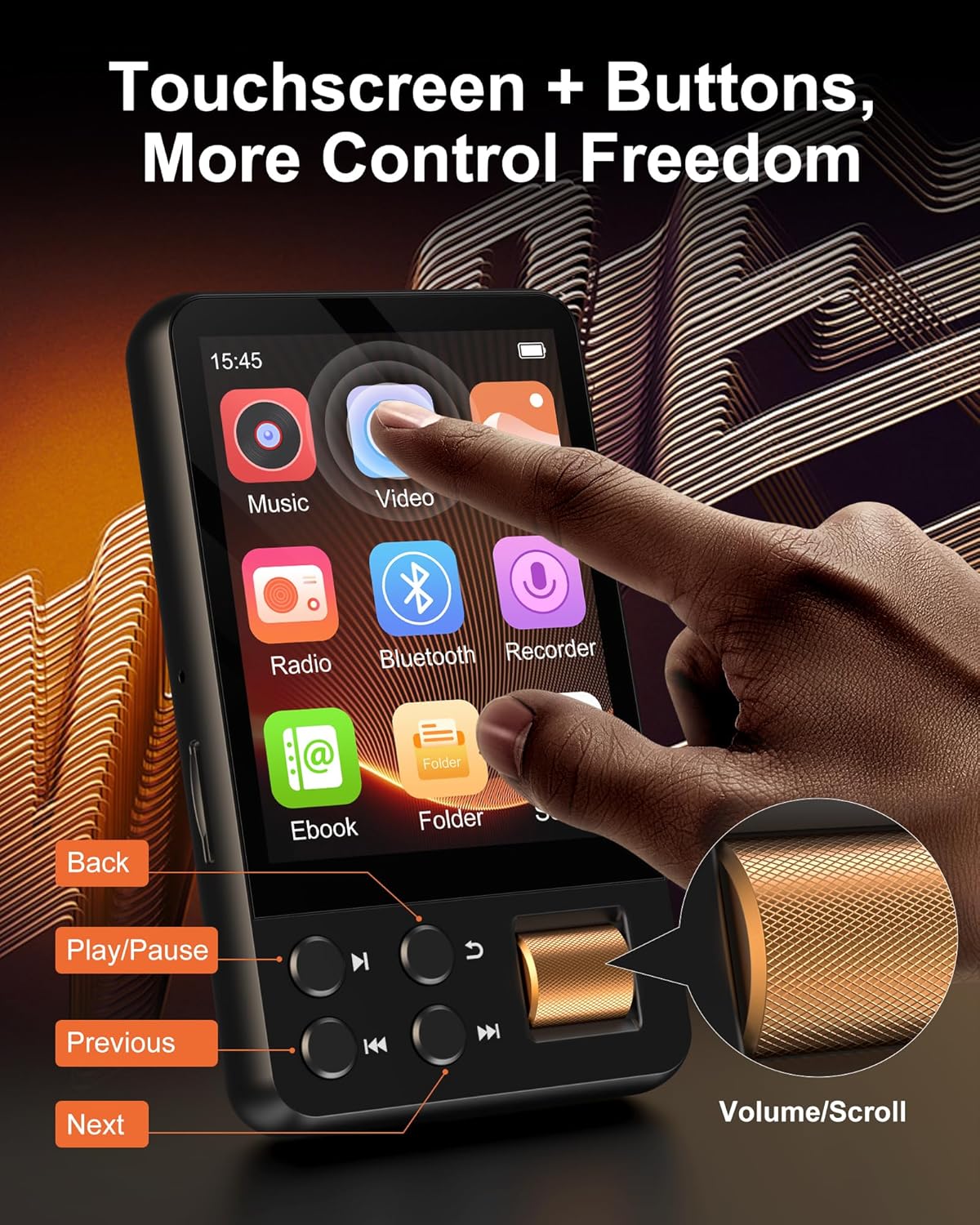 128GB MP3 Player Bluetooth with Headphones, MP3 Player Children with 2.4 Inch Touch Screen, MP4 Player Audible Con Music, FM Radio, Voice Recorder, E-Book Reader