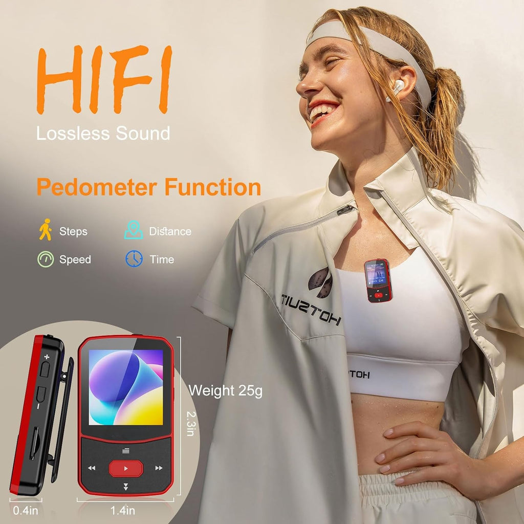 Clip Mp3 Player with Bluetooth 5.0, 16GB Lossless Sound Music Player, with FM Radio Voice Recorder Video Earphones for Running, Support up to 128GB