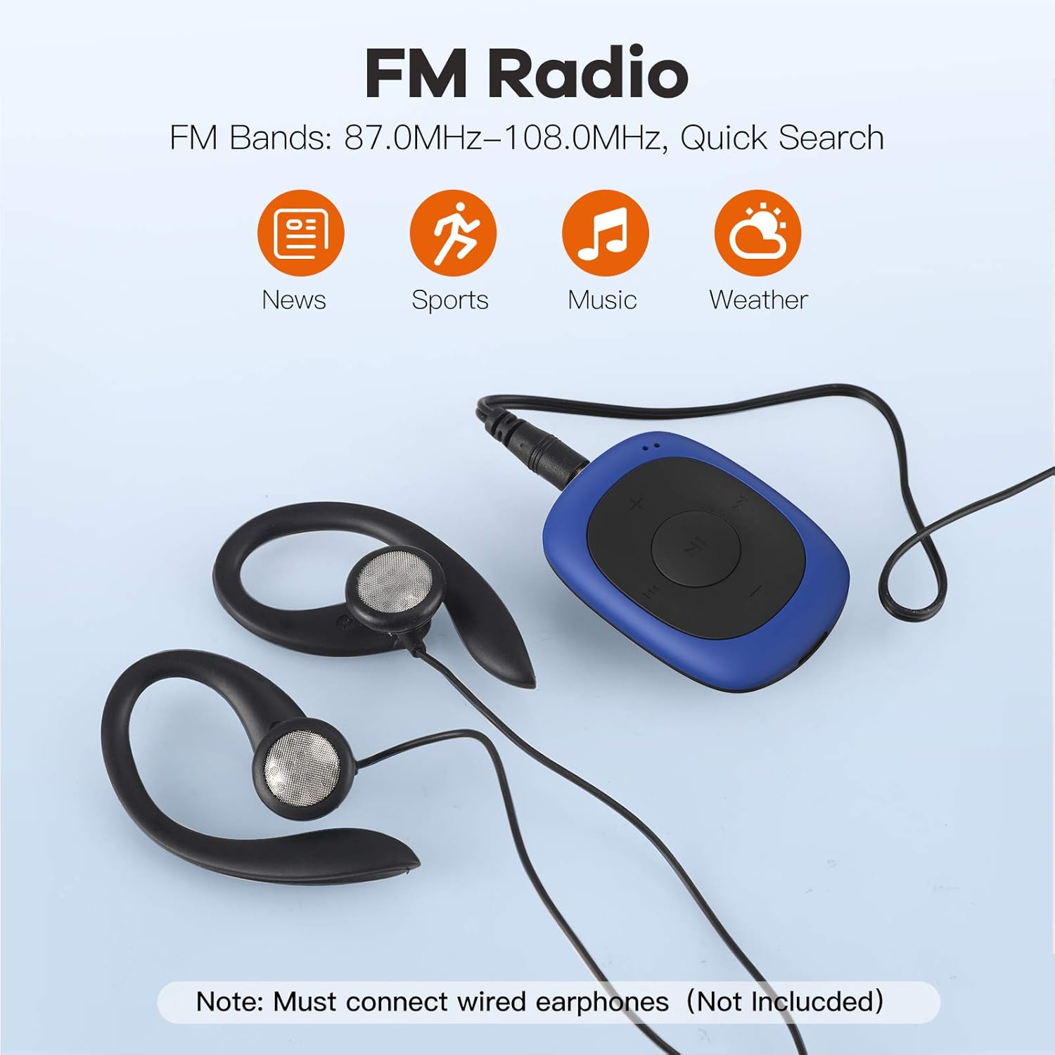 8GB Clip MP3 Player with FM Shuffle, Portable Music Player with Sweatproof Silicone Case for Sports, Blue